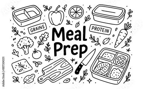 Meal prep planning with containers and fresh ingredients in line art style