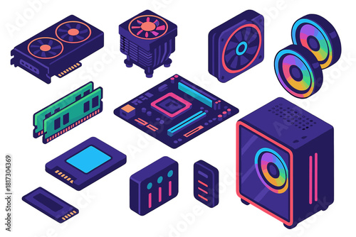 VR Gaming Setup Essentials. Isometric vector illustration set VR gaming setup – high-performance GPU, CPU cooler, motherboard; RAM