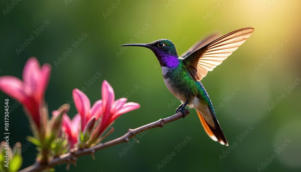 Obraz premium Hummingbird with iridescent feathers perches on a branch near flowers. Colorful bird spreads wings. Nature photo in soft focus. Wildlife scene in a garden. Sunlight shines on a tiny creature.
