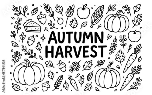 Autumn harvest doodle: pumpkins, leaves, and seasonal delights