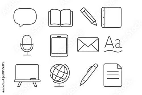 Language Growth Icons. Line style icons of Language Growth: Speech Bubble, Book, Pencil, Notebook; Microphone, Tablet, Letter,