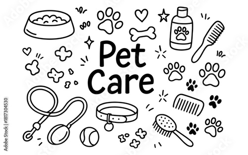 Pet care essentials doodle set: cute hand-drawn icons for animal lovers
