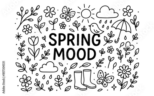 Spring mood doodle with flowers, sun, and rain in black and white