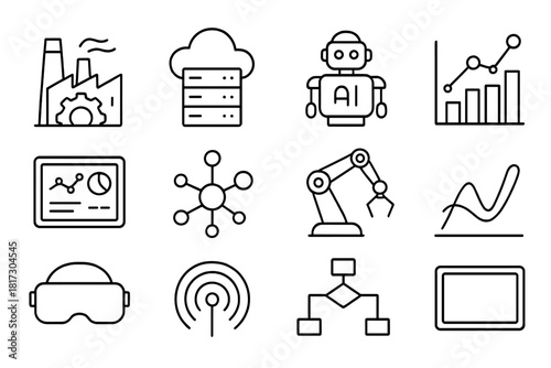 Digital Transformation Icons. Line style icons of Digital Transformation: smart factory, cloud server, AI robot, data flow; tablet