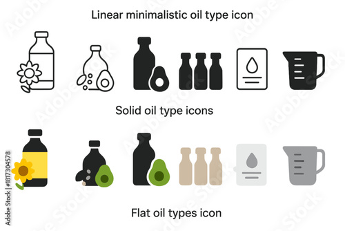 Oil Types Icons. Linear minimalistic oil types icon: sunflower oil, sesame oil, avocado oil, small bottle set, cooking guide,
