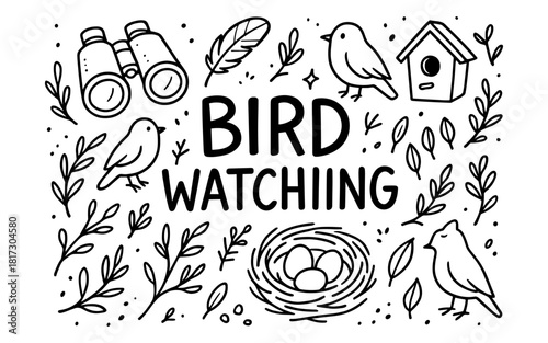 Bird watching doodle with binoculars, birds, and nature elements