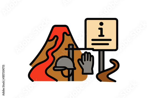 Volcanic Site Icons. Linear minimalistic volcanic site icon: lava flow, safety gear station, information board, trekking path,