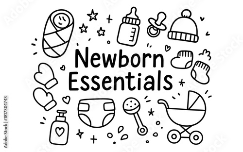 Newborn essentials doodle set: baby items and accessories in simple line art