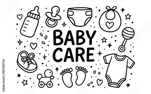 Black and white baby care doodle with cute icons and playful elements