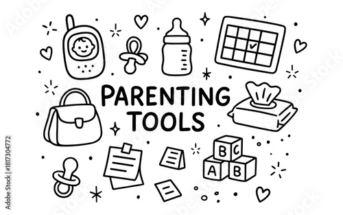 Essential parenting tools in modern line art style