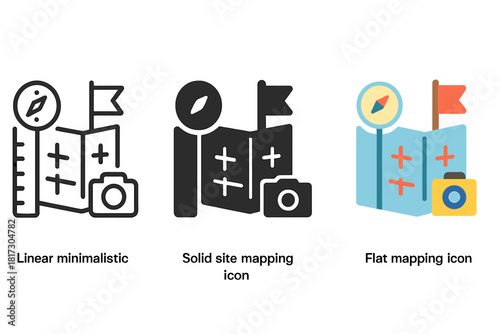 Site Mapping Icons. Linear minimalistic site mapping icon: site map, compass, measuring rod, grid markers, flag, camera with