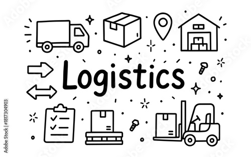 Logistics icons set: warehouse, transport, delivery, and package management in linear style
