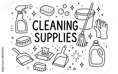 Hand drawn cleaning supplies collection featuring essential household items