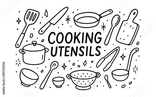 Cooking utensils collection in doodle style with kitchen tools and accessories