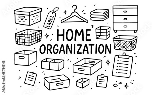 Hand-drawn home organization icons and storage solutions