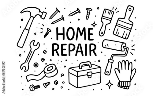 Home repair tools doodle art with hammer wrench and paint brush