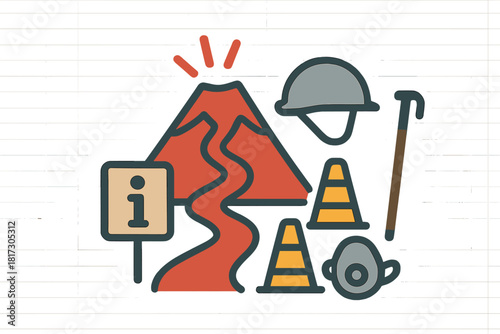 Volcanic Hiking Icons. Linear minimalistic volcanic hiking icon: lava trail, helmet, hiking staff, info center, safety cones,