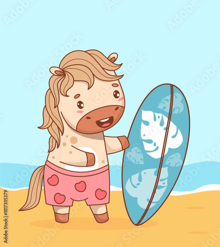 Cute Summer Horse Surfer with Board. Funny poster with Animal Pony kawaii beach character vacation on sandy seashore. Vector illustration. Not AI