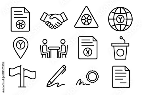Nuclear Policy Icons. Line style icons of Nuclear Policy and Treaties: treaty document, handshake, warning sign, globe; nuclear