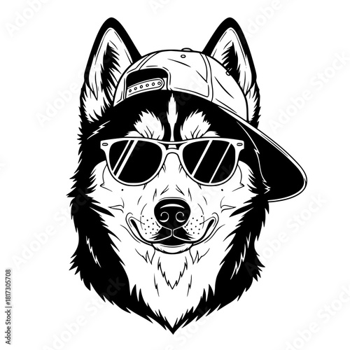 A cool husky illustration with cap and sunglasses exudes attitude, capturing its unique personality. vector illustration