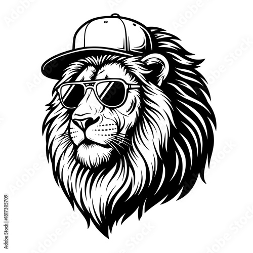A lion portrait in sunglasses and cap, epitomizing confidence and urban style, a unique artistic emblem. vector illustration