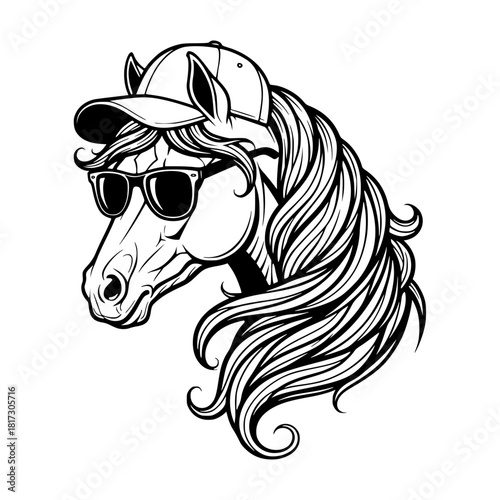 A cool horse in a cap and glasses. This artistic illustration, rendered in bold black lines, brings a unique flair to equine imagery. vector illustration