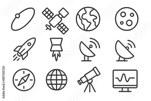 Orbital Mechanics Icons. Line style icons of Orbital Mechanics: Orbit Path, Satellite, Earth, Moon; Rocket, Thruster, Antenna,