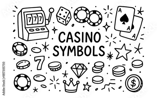 Casino doodle art featuring slot machine, playing cards, and dice