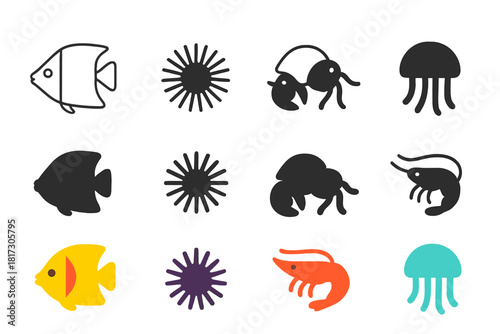 Underwater Icon Designs. Linear minimalistic underwater life icon:, butterflyfish, sea urchin, hermit crab, shrimp, jellyfish with