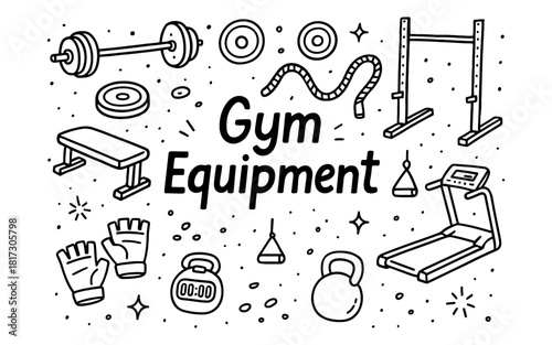Hand drawn gym equipment collection with treadmill, weights, and resistance bands