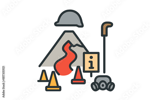 Volcanic Hiking Icons. Linear minimalistic volcanic hiking icon: lava trail, helmet, hiking staff, info center, safety cones,