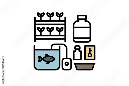 Compact Aquaponics Icons. Linear minimalistic compact aquaponics icon: small fish tank, mini crop rack, water pump, nutrient