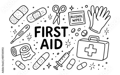 Essential first aid kit elements in linear style for emergency preparedness