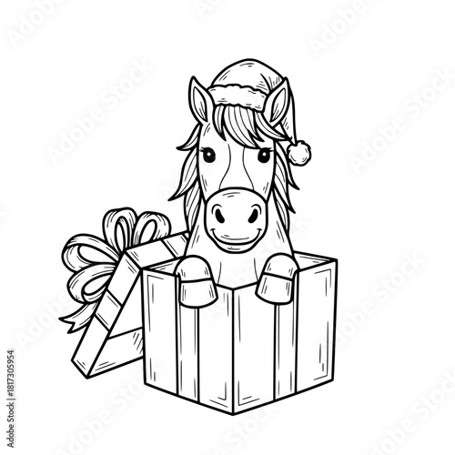 A cartoon horse wearing a santa hat is popping out of a present box, a whimsical image perfect for festive design vector illustration