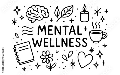 Mental wellness doodle with brain, leaf, candle, and coffee