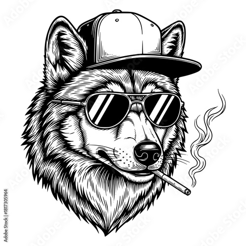 A cool wolf, sporting sunglasses and a cap, exudes an air of effortless coolness as it casually smokes, creating a vibe of street style and individuality. vector illustration