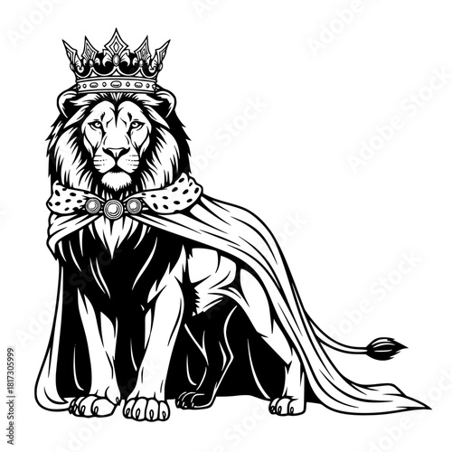A majestic lion king, crowned and cloaked, sits with regal poise, its gaze radiating authority and power. This image embodies royalty, strength. vector illustration