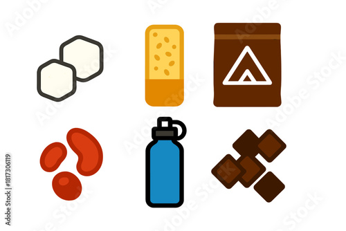 Campsite Snack Icons. Linear minimalistic campsite snacks icon: marshmallows, granola bar, trail mix bag, hydration bottle, dried