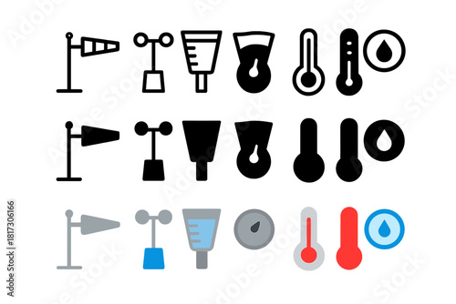 Environmental Instruments Icons. Linear minimalistic environmental instruments icon: wind vane, anemometer, rain gauge, barometer,