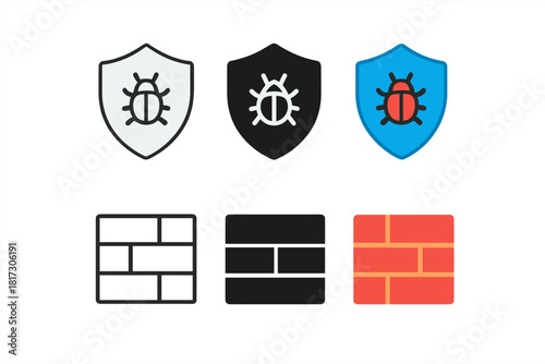 Antivirus and Firewall Icons. Linear minimalistic antivirus icon: shield outline with small bug, uniform line thickness, no fill,