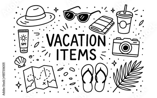 Hand drawn vacation essentials with hat, sunglasses, and camera
