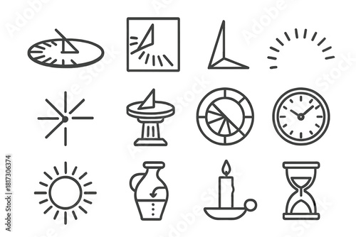 Sundial Icons Collection. Line style icons of Sundials and Timekeeping: horizontal sundial, vertical sundial, gnomon, hour markers