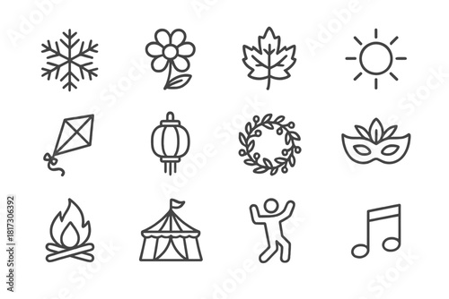 Seasonal Festival Icons. Line style icons of Seasonal Festivals: snowflake, spring flower, autumn leaf, sun icon; kite, lantern,