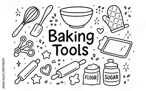 Hand drawn baking tools with bowl, whisk, and rolling pin in doodle style