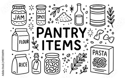 Hand-drawn doodle of pantry essentials with jar and can