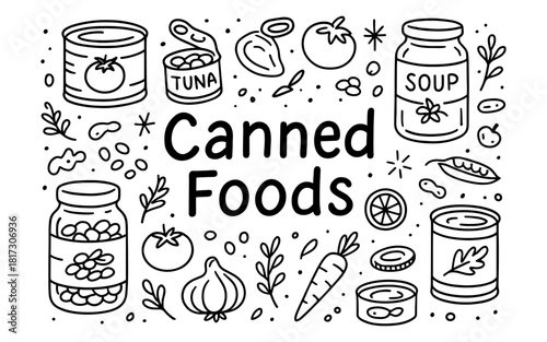 Hand drawn canned foods collection: soup, vegetables, tuna, and more