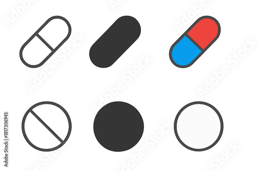 Minimalistic Pill Icons. Linear minimalistic pill icon: capsule outline split in half, uniform line thickness, no fill, Solid pill