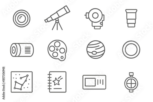 Planetary Observation Icons. Line style icons of Planetary Observation Tools: telescope lens, mount tripod, tracking motor,