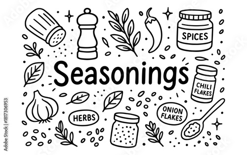 Hand-drawn seasoning elements with herbs, spices, and vegetables