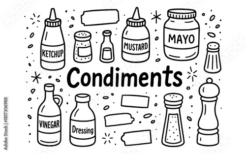 Hand drawn condiments collection with ketchup, mustard, and mayo bottles